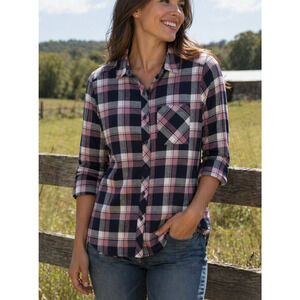 Orvis Flannel Shirt Women Small Plaid Pink Gray Button Front Stretch Long Sleeve